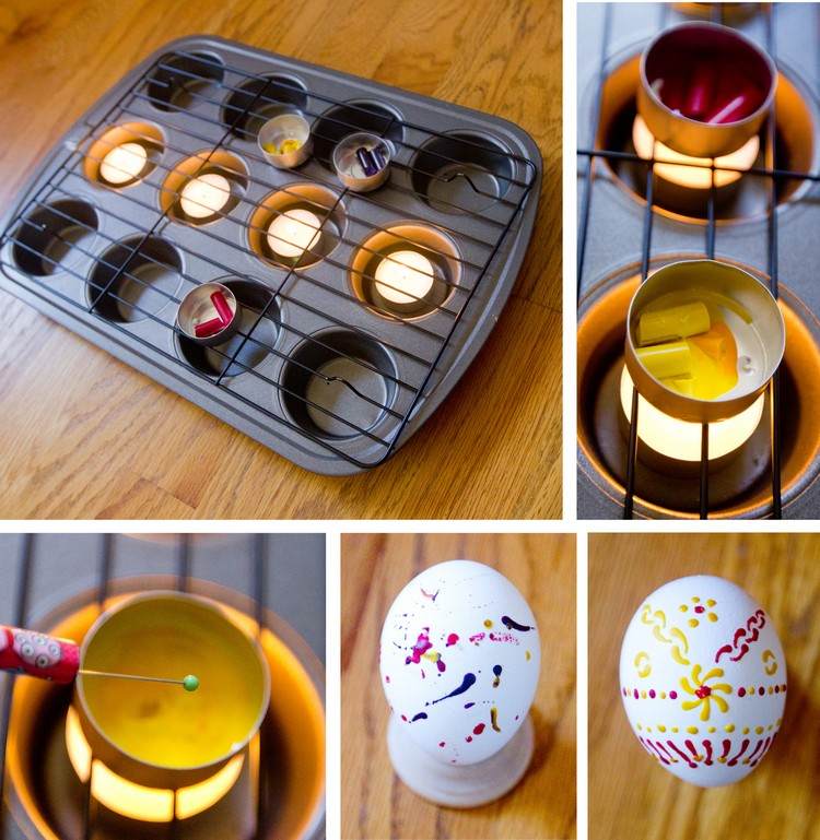 Ovos de Páscoa para colorir lata de muffin para crianças derretida com cera derretida