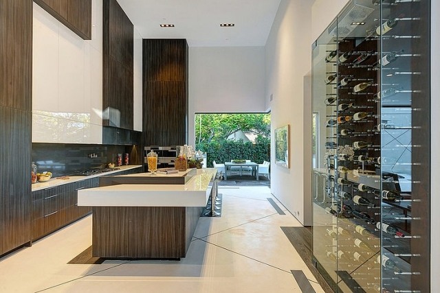 cozinha luxuosa-ilha-chão ao teto-revestimento-adega de madeira laminada