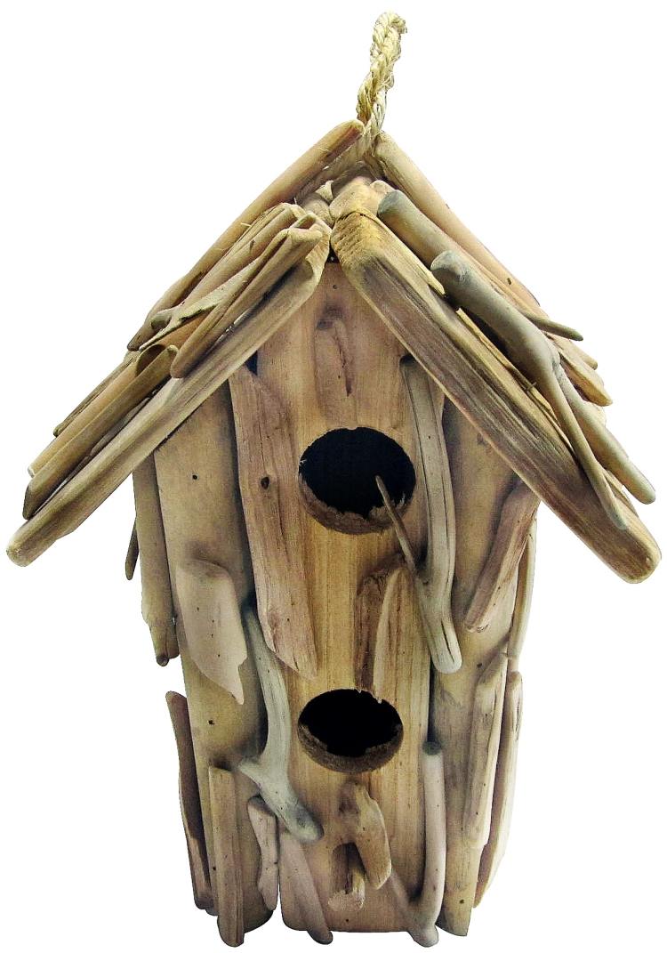 Jardim de casa de pássaros com ideias de decoração em madeira flutuante