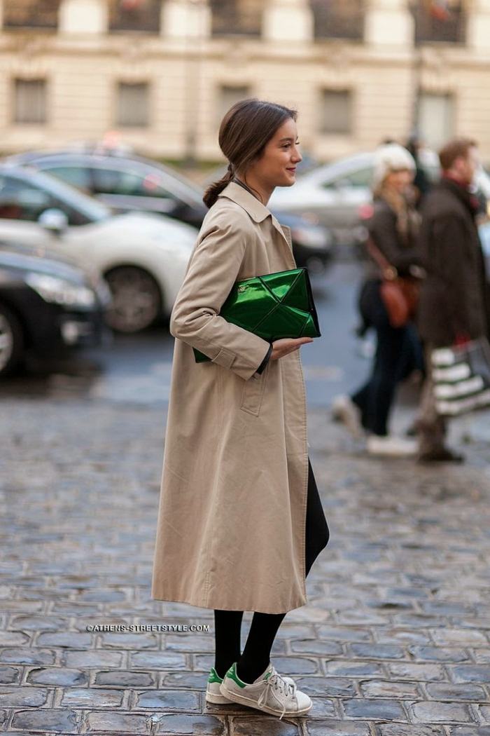 Gola virada para baixo-feminino-casaco-trincheira-metalizado-brilhante-clutch-green
