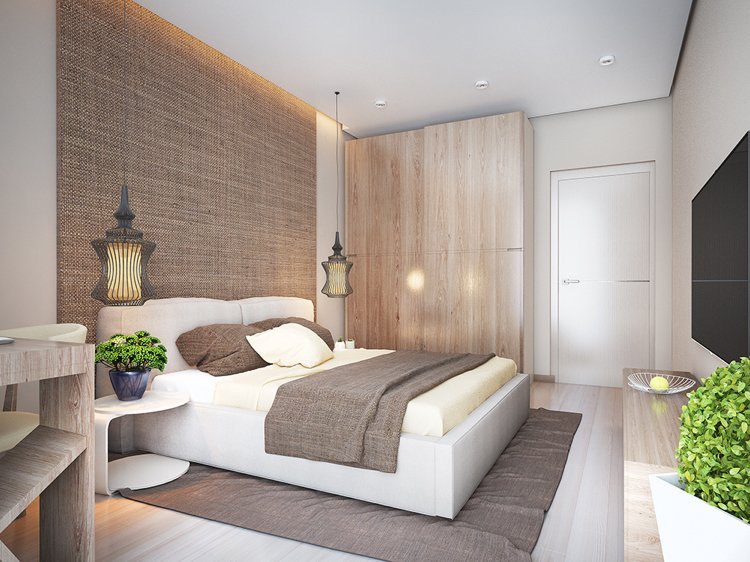 móveis de quarto com estofamento branco - revestimento de parede - têxtil - óptica - iluminação indireta - luzes suspensas