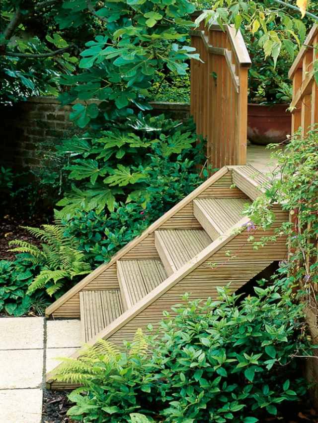 Construa você mesmo escadas modernas de madeira - projetadas nos caminhos de cascalho do jardim