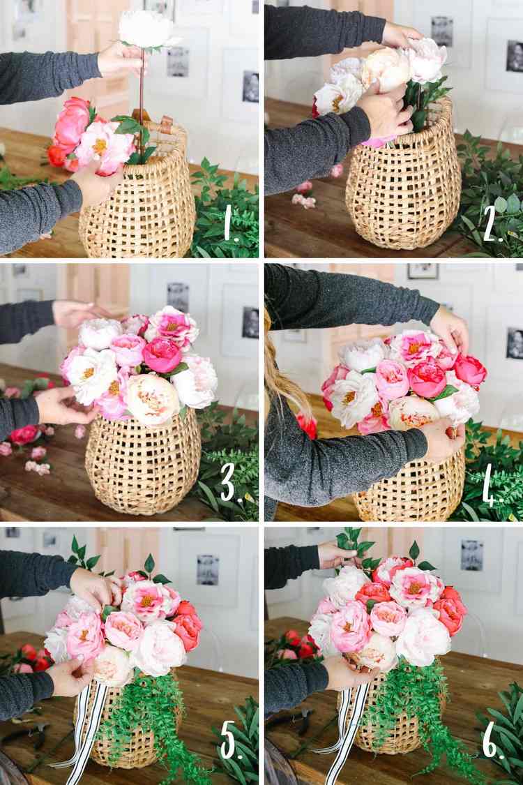 Instruções para uma cesta de flores com peônias como guirlanda de porta
