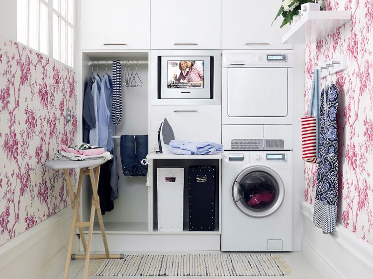 secadora-máquina de lavar-lavanderia-pequeno-branco-papel de parede-padrão floral