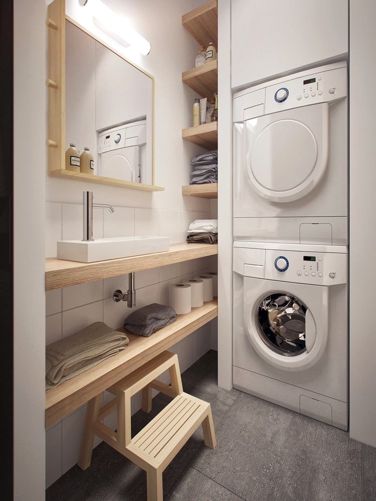 secadora-máquina de lavar-banheiro-pequeno-madeira-branco-moderno