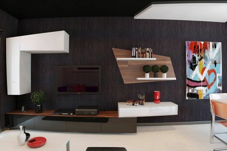 Móveis de TV para sala de estar -quarto de estar-design-moderno-alto-brilho-preto-branco-imagem-colorido-parede de prateleiras-design de parede