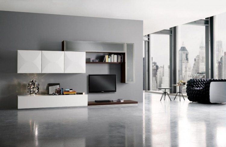 Móveis de TV para sala de estar -design-moderno-branco-minimalista-loft-parede-cor-cinza-poltrona