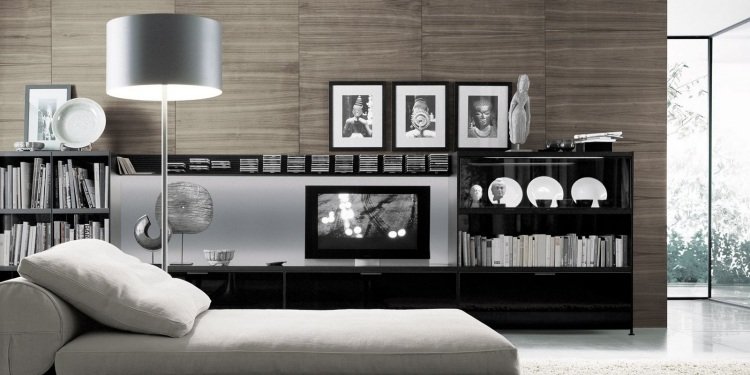 Móveis de TV para sala de estar -design-modern-black-wood-gloss-wall-design-wood-look-daybed-floor lamp