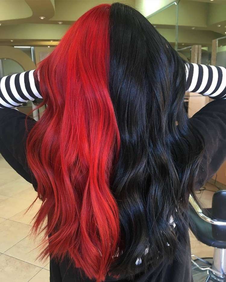 Tingindo o cabelo de vermelho e preto cabelo de dois tons tendência