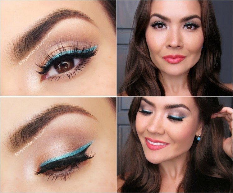 Maquilhagem de olhos no verão turquesa-eyeliner-castanho-olhos-coral-lábios