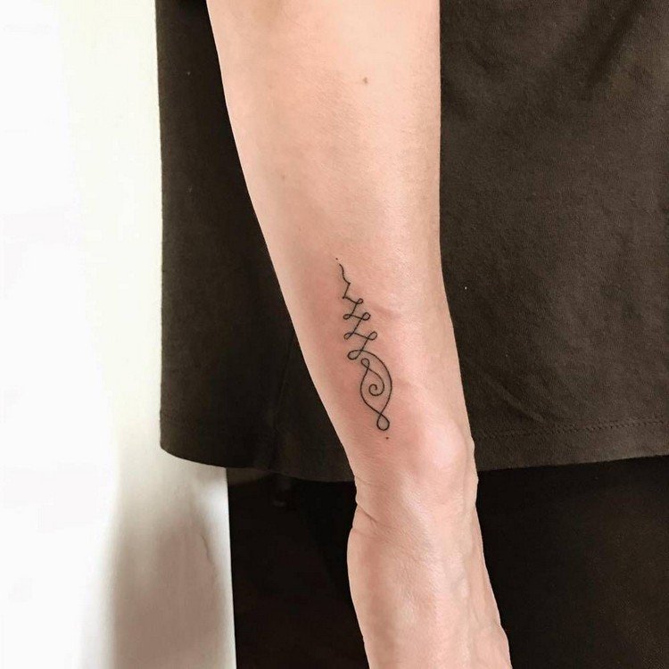 Desenho de tatuagem de pulso para mulheres Unalome que significa motivo de tatuagem de símbolos budistas