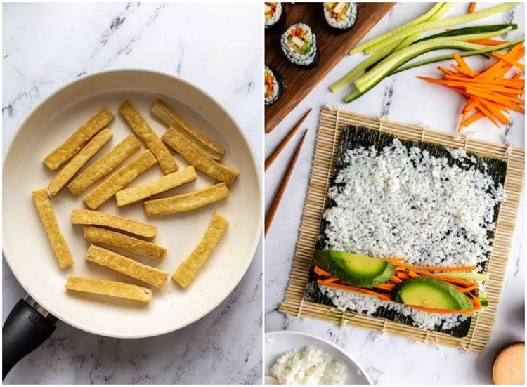 Faça você mesmo sushi vegan, enrole tofu frito