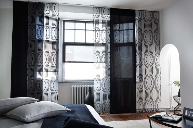 decoração de janela-escurecimento-proteção de privacidade-cortinas deslizantes-preto-branco-quarto