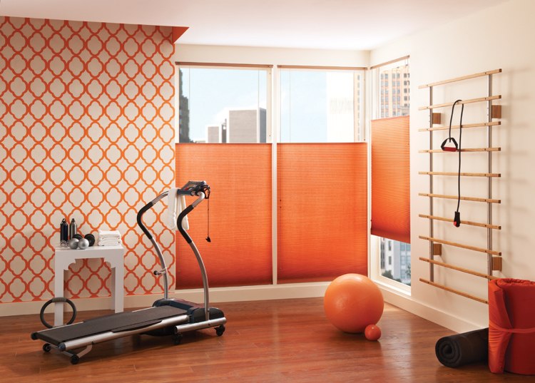 decoração de janela-escurecimento-proteção de privacidade-plissado-laranja-cor-padrão-branco-sala de ginástica