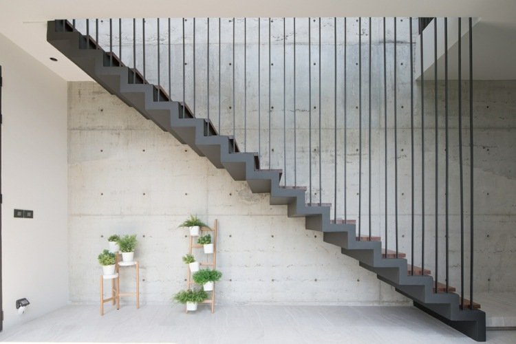 parede de concreto plantas escada corrimão barras de aço degraus madeira
