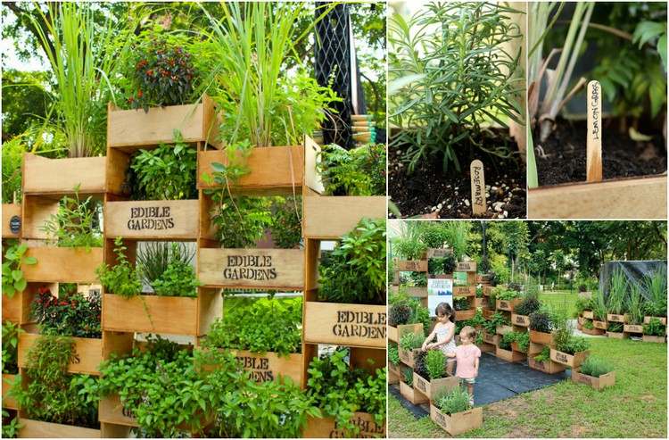 jardim de ervas com plantio vertical - caixas de madeira
