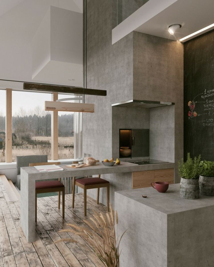 Pequena cozinha em aspecto de concreto e com parede em cor de quadro-negro
