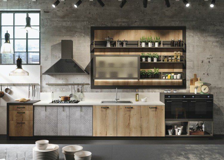 Cozinha com aparência de concreto e madeira em diferentes nuances em um apartamento loft