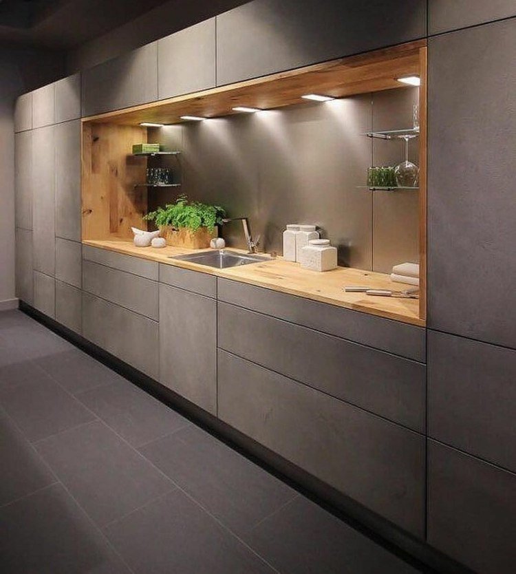 Aparência de concreto de cozinha com madeira é uma boa combinação - iluminação para a bancada