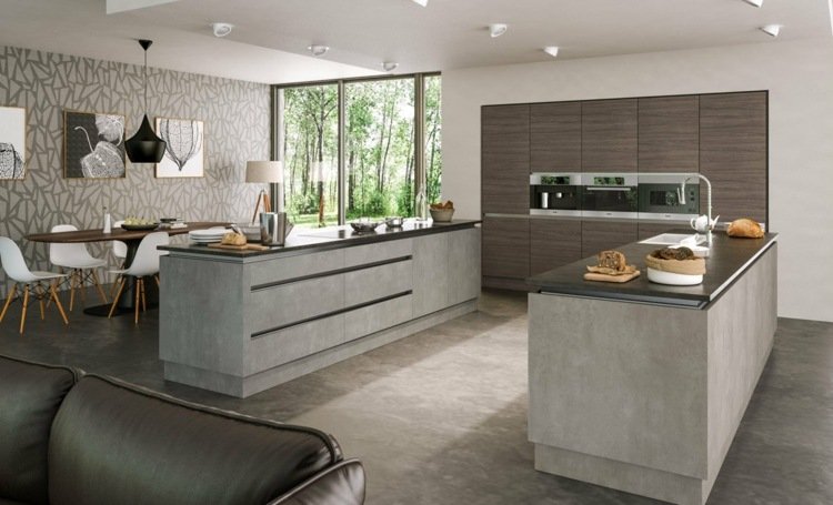 Aparência de concreto de cozinha em forma de U com armário embutido em aparência de madeira