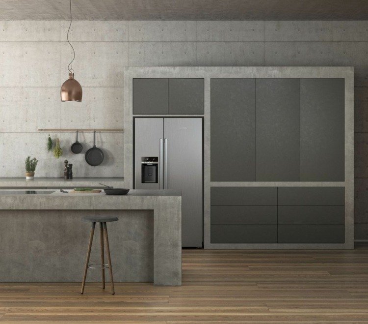Móveis de cozinha de última geração com superfícies cinza e concreto