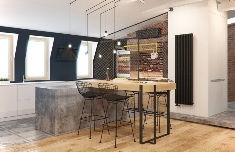 Escolha um visual de concreto para uma cozinha de estilo industrial e combine-o com metal preto