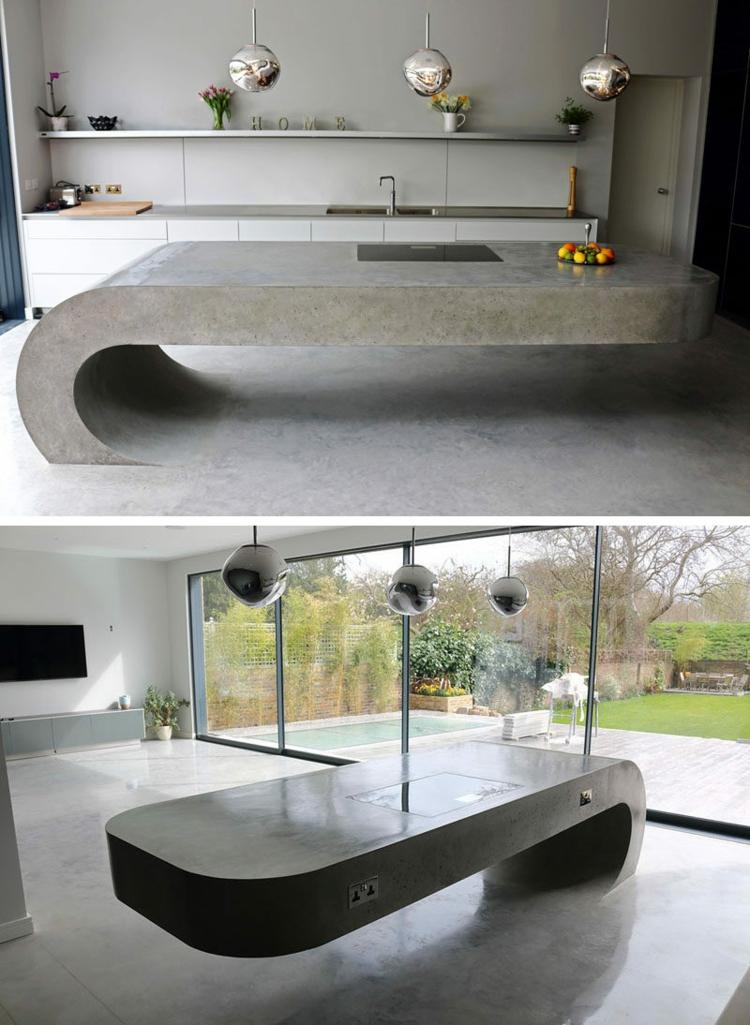 Ilha de cozinha de concreto original com uma forma interessante