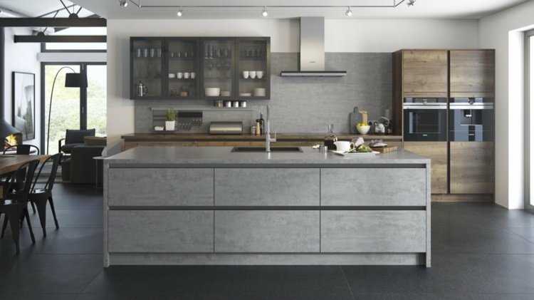 Cozinha moderna com design de concreto e armários altos