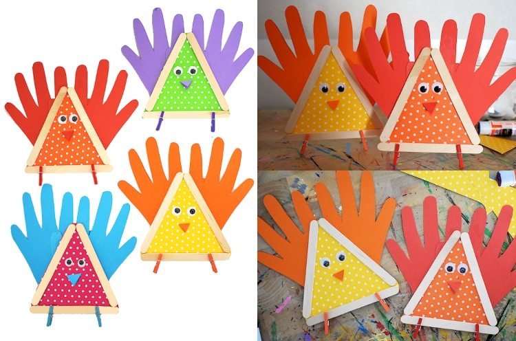 Crie ideias para crianças no jardim de infância recortarem pássaros de papel com impressões de mãos