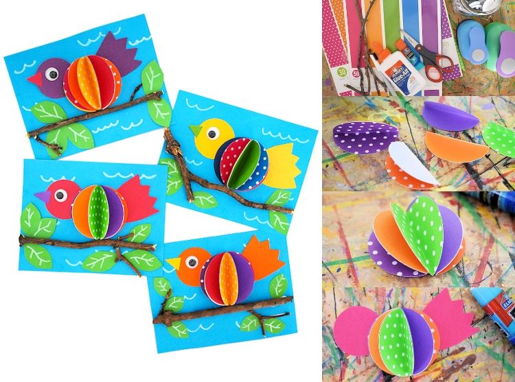 Cartões de primavera com pássaros fazem ideias com crianças