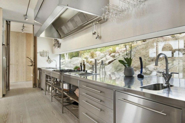 cozinha design de aço moderno brilho panorama janela ideia villa