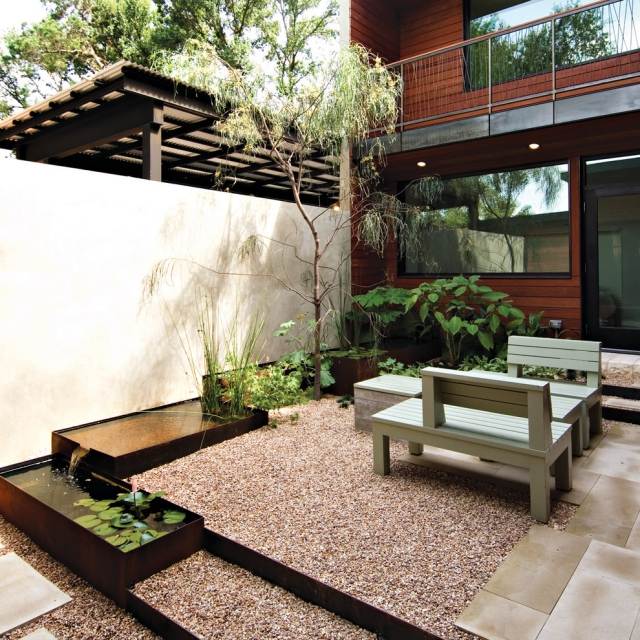 decoração de seixo fino-pequeno-recém-criado-jardim-canto-design de jardim frontal