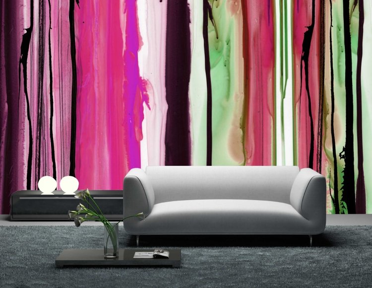 parede-pintura-idéias-design-aquarela-aquarela-efeito-sinal-cores-sofá-cinza-tapetes-biden-console-mesa-rosa