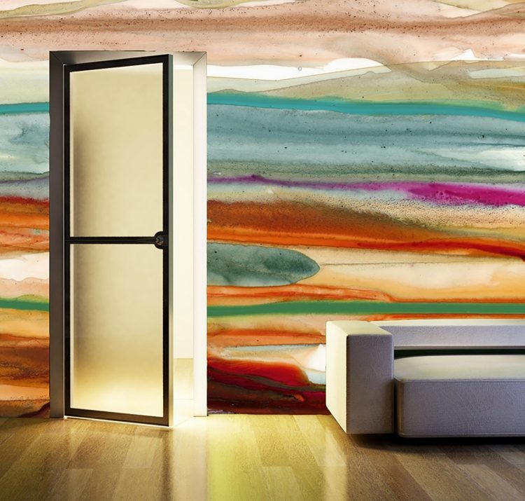 pintura de parede-ideias-design-aquarela-efeito-aquarela-cores-iluminação-quente-sofá-piso de parquete