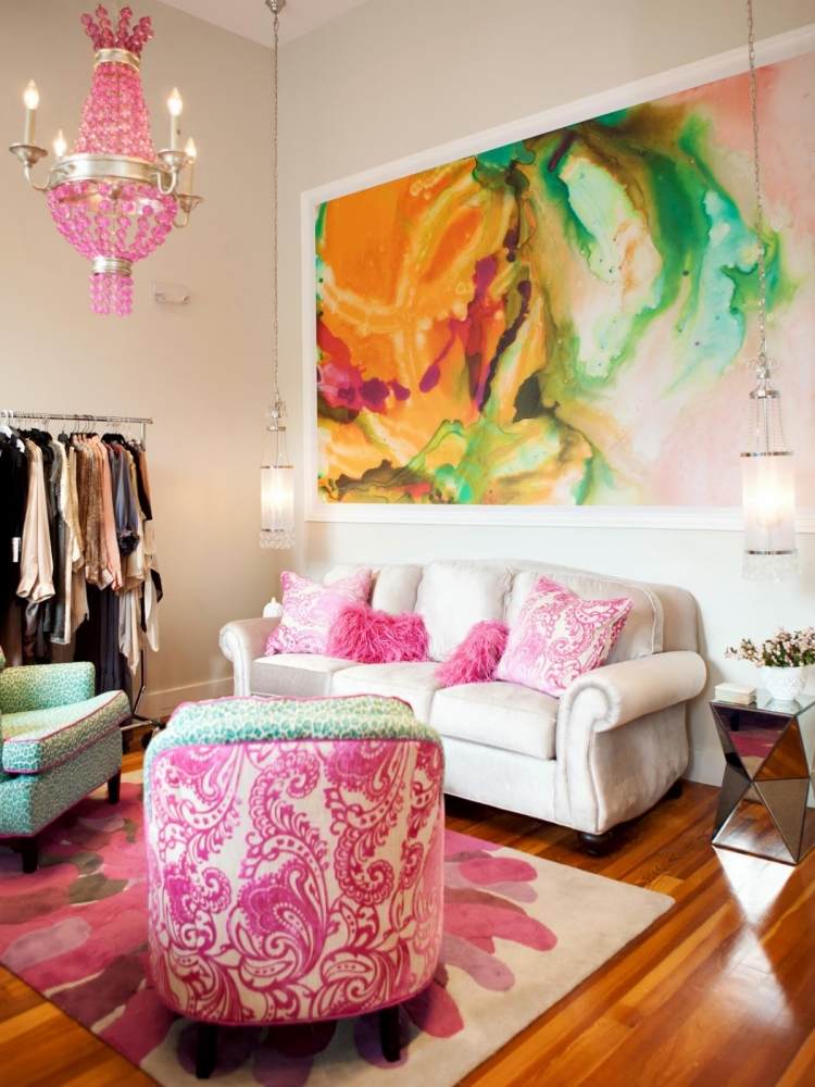 pintura de parede-ideias-design-aquarela-efeito-aquarela-rosa-rosa-parquet piso-móveis estofados-sofá-almofadas