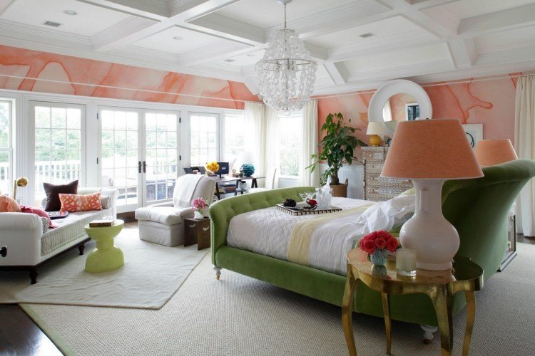parede-idéias-design-aquarela-efeito-aquarela-rosa-coral-cor-cama estofada-móveis estofados-abajur de mesa