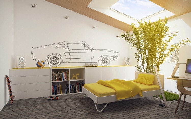 parede-pintura-quarto-infantil-idéias-design-quarto-meninos-amarelo-carro-branco