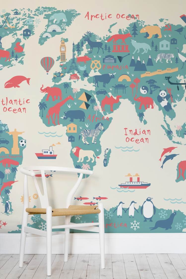 pintura de parede-quarto infantil-ideias-design-mapa-mundo-animais-branco-cores pastel