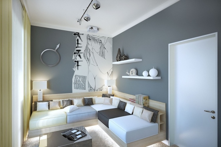 wall-painting-ideas-black-white-living room-small-wall-paint - mobília de assento cinza