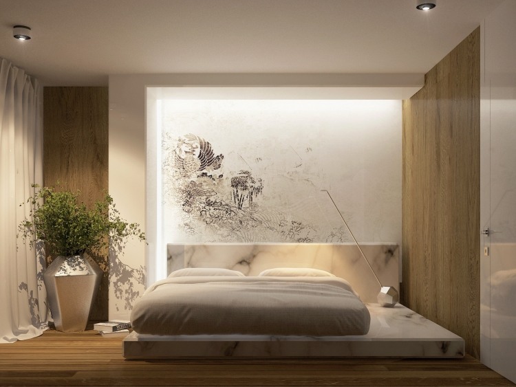 parede-idéias-quarto-moderno-cama-cinza-mármore-madeira-iluminação
