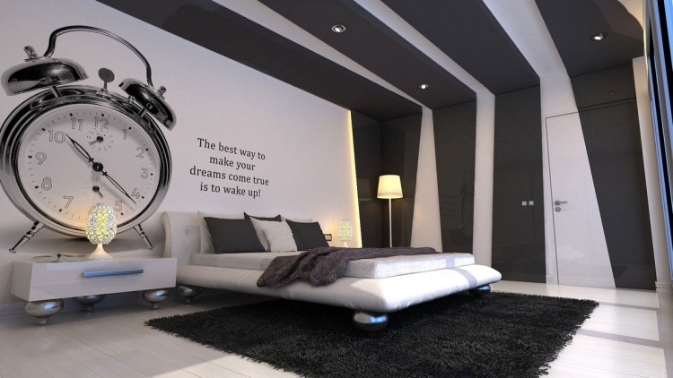 wall-painting-ideas-black-white-bedroom-alarm-clock-large-wall