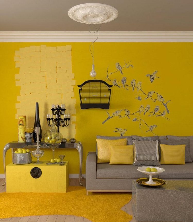 parede-pintura-idéias-sala-de-estar-amarelo-bege-sofá-almofada-mesa de console