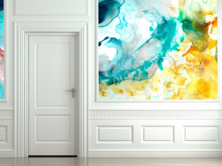 Ideias para pintura de parede -design-aquarela-efeito-aquarela-corredor-estuque-branco-porta-revestimento de parede