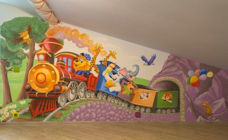 pintura de parede no berçário locomotiva animais elefante leão
