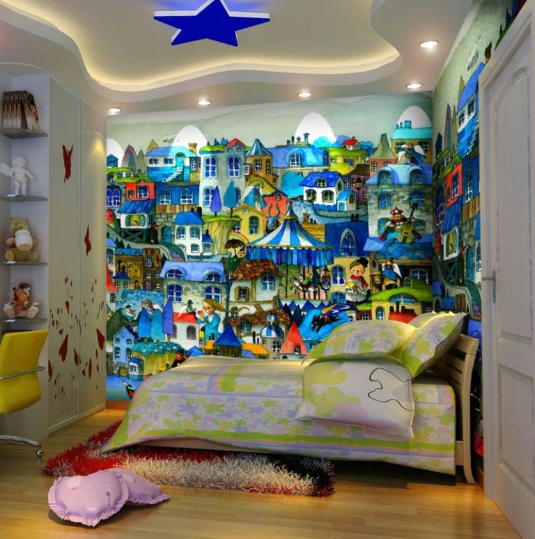 pintura de parede quarto de criança cidade casas coloridas cama parede nicho teto estrela moderna
