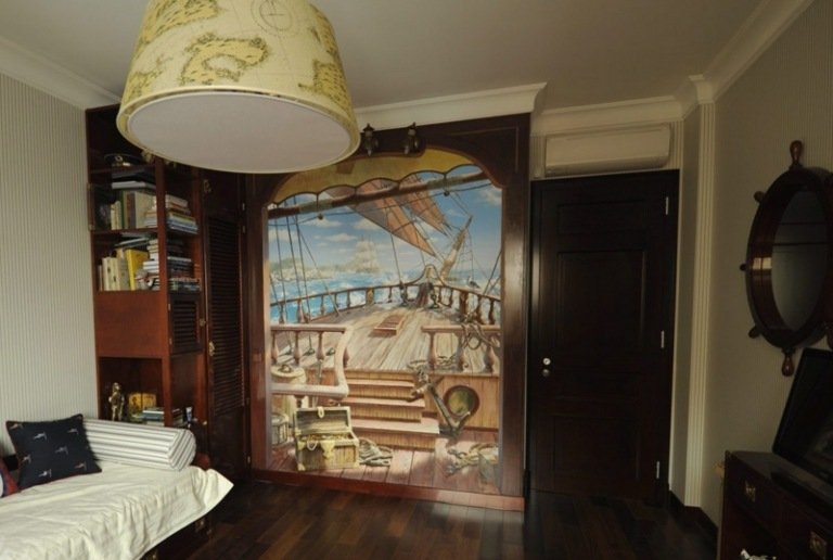 pintura de parede quarto infantil navio mobiliário marítimo design de madeira escura