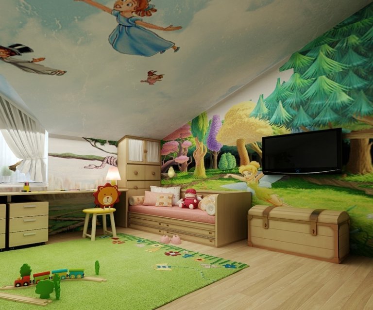 pintura de parede no quarto das crianças telhado pitch ideia floresta peter pan teto imagem ideia