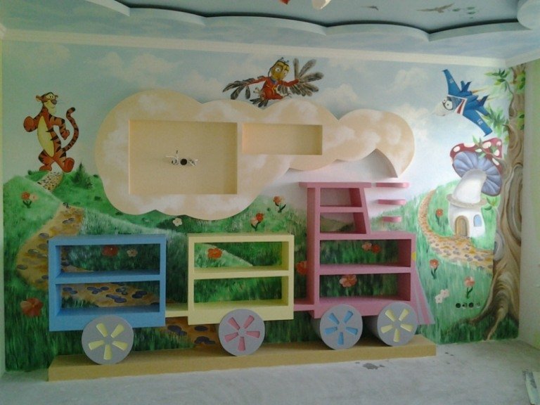 pintura de parede berçário paisagem tigger cogumelo casa prateleira idéia locomotiva nuvem