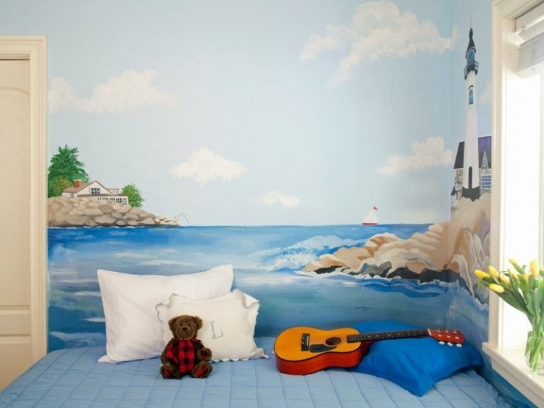 pintura de parede quarto infantil tema costa farol mar guitarra teddy