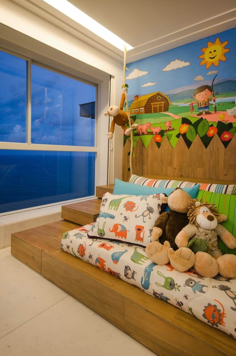 pintura de parede quarto infantil pescador sol fazenda grande janela brinquedos fofinhos